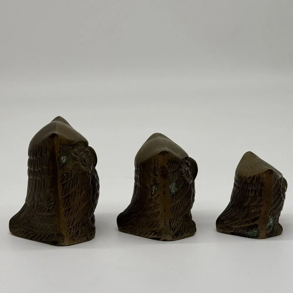 LEONARD Solid BRASS Owl Set Of 3 Figures Paperweights VINTAGE Rare Korea‎